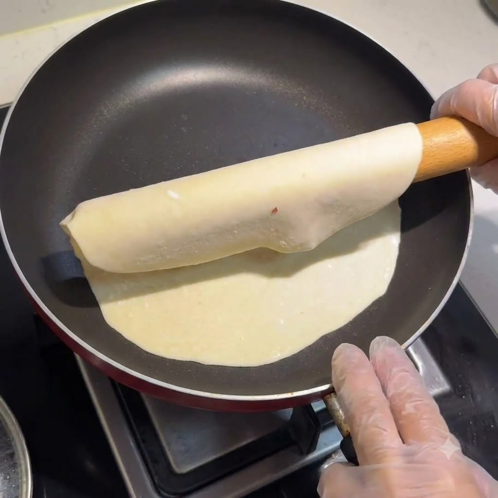 Une enveloppe de pâte étalée transférée dans une poêle à frire sèche à laide dun rouleau à pâtisserie et de mains gantées.