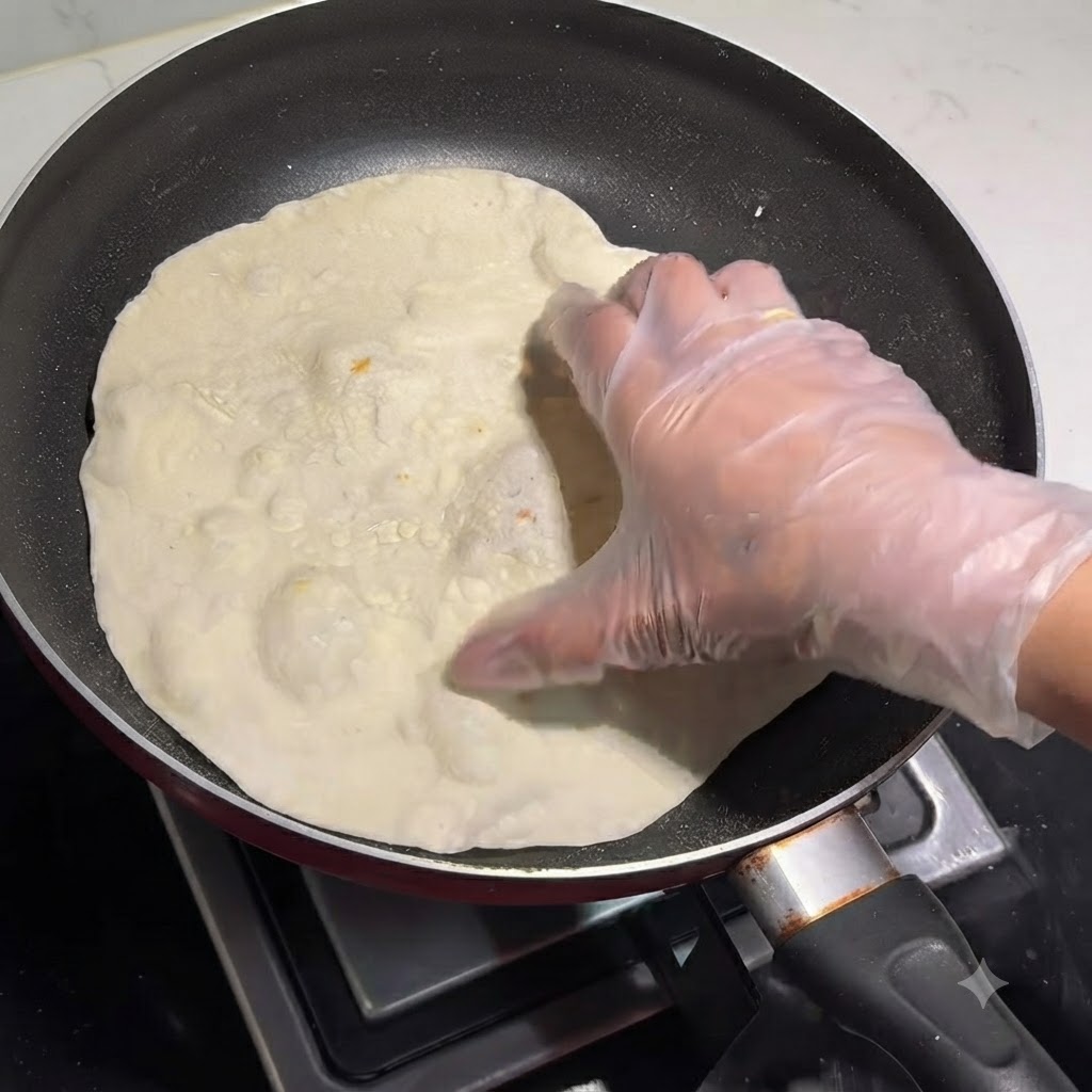 Une main gantée appuyant sur une galette gonflée qui cuit dans une poêle à frire sèche.