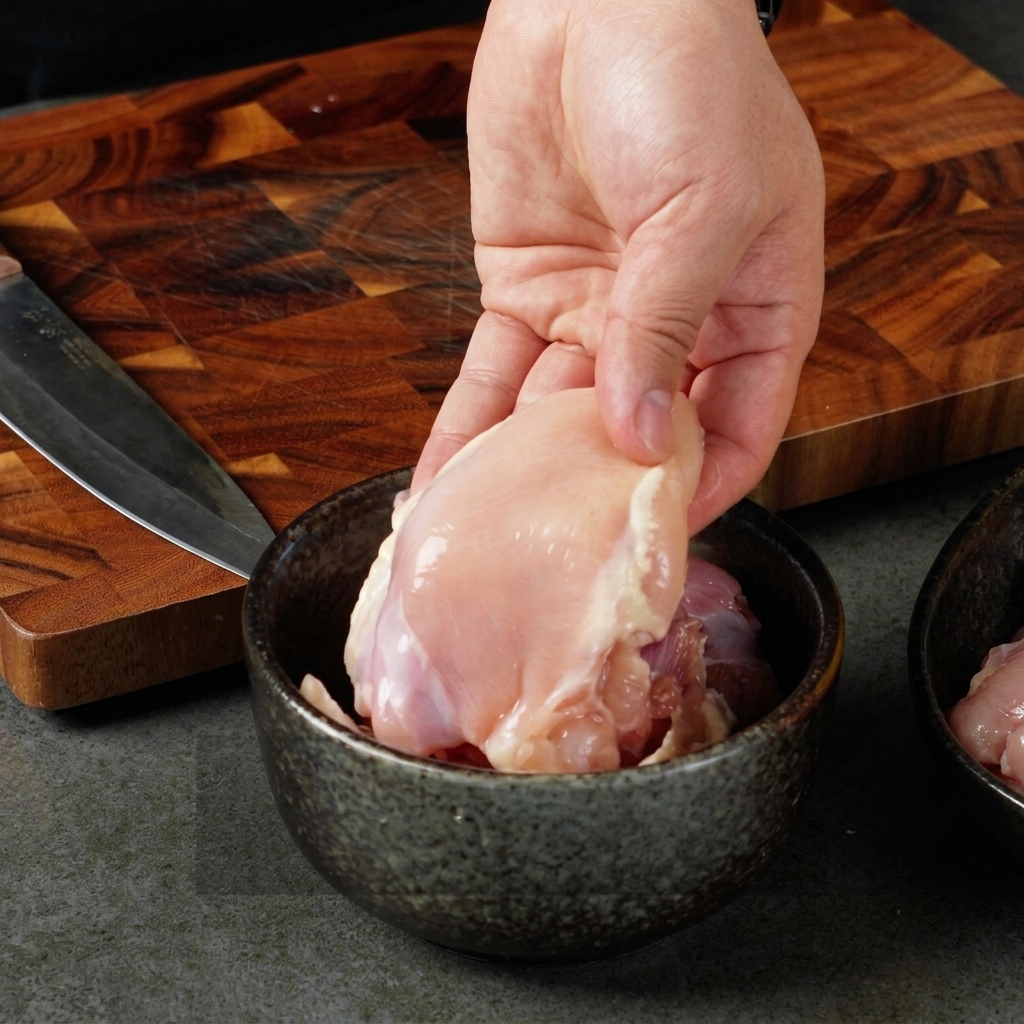 Gros plan dune main tenant une cuisse de poulet désossée au-dessus dun bol, avec une planche à découper et un couteau en arrière-plan.