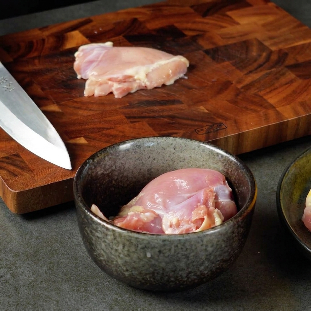 Un couteau coupant un morceau de cuisse de poulet crue sur une planche à découper en bois à côté dun bol de morceaux de poulet.