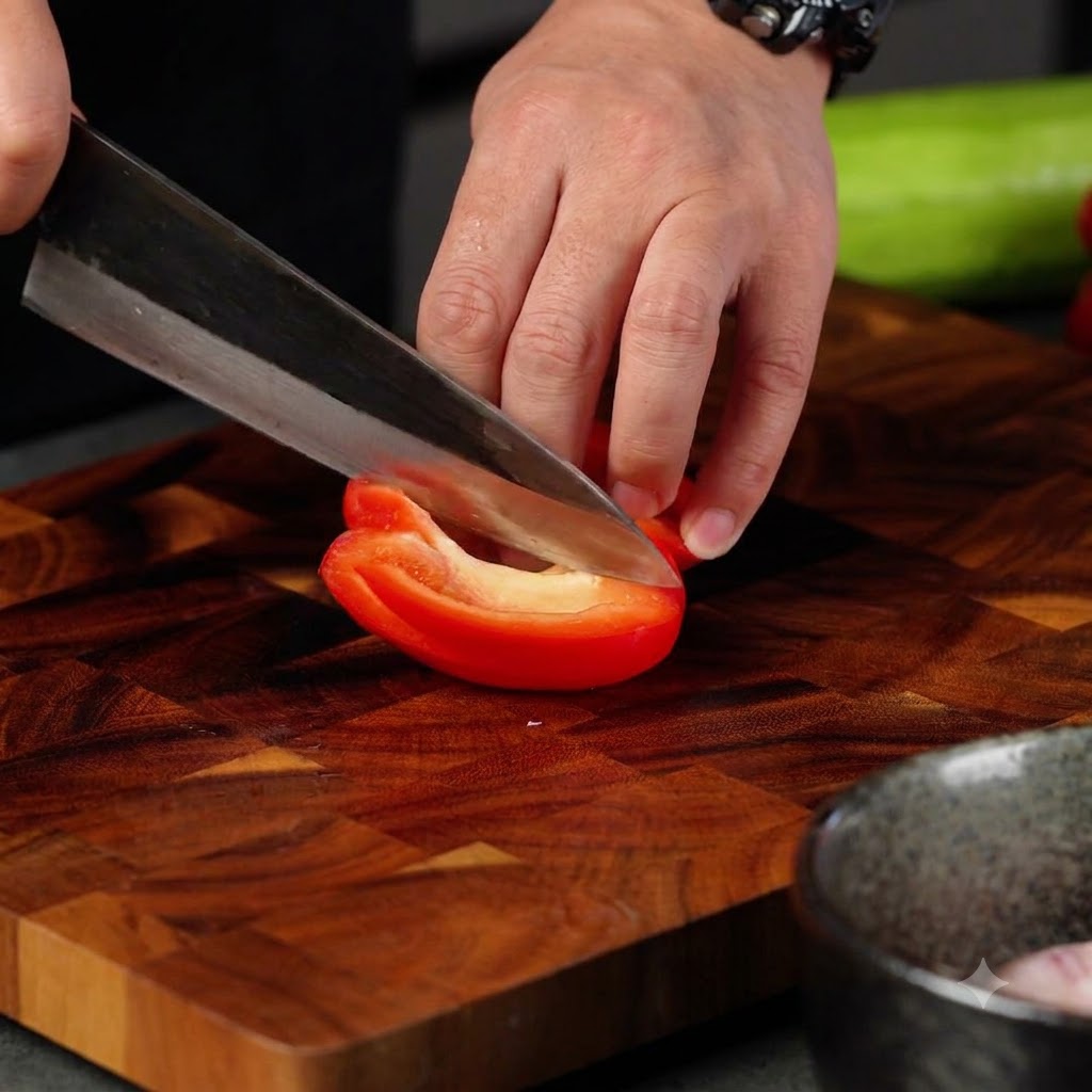 Un couteau coupant à travers un poivron rouge sur une planche à découper en bois.