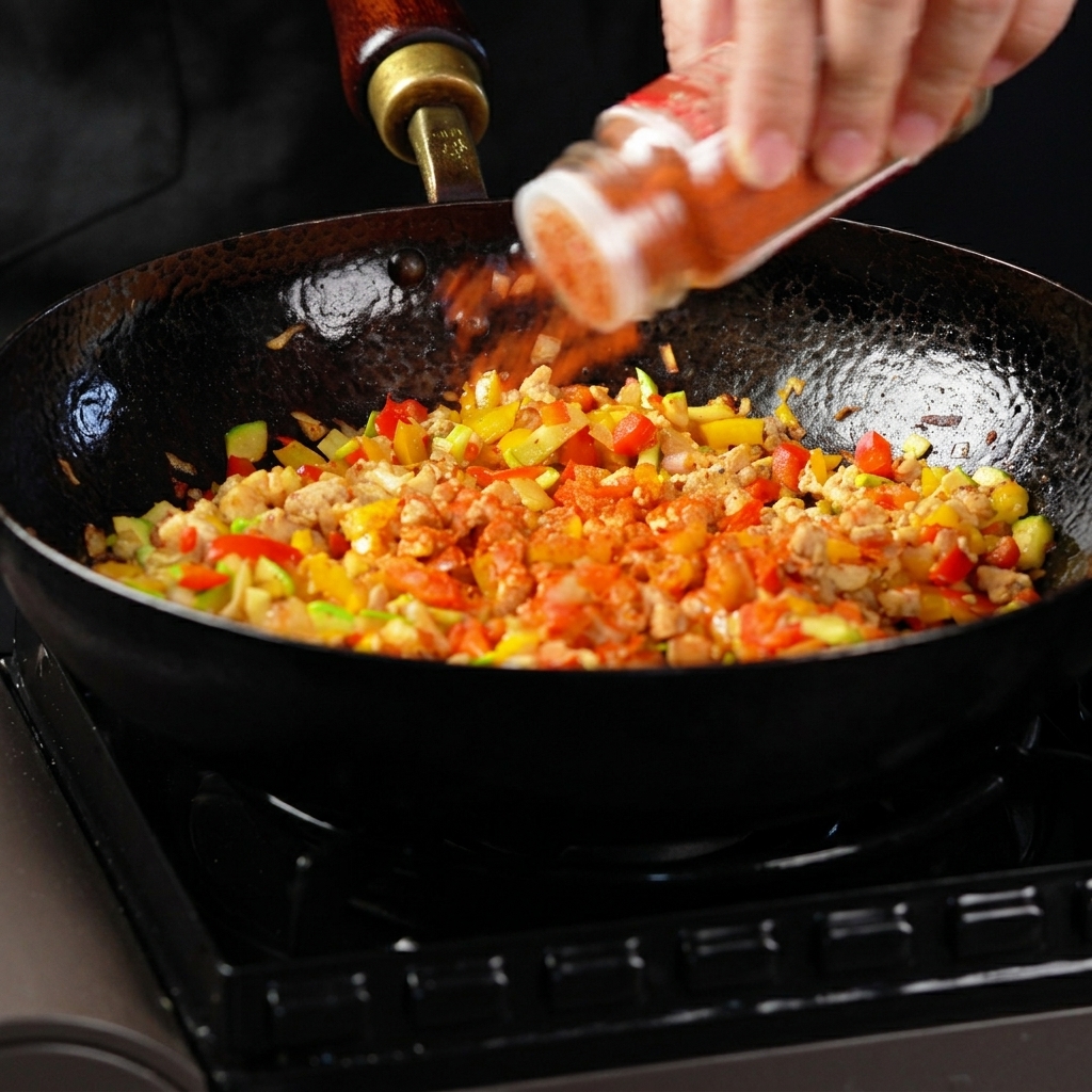 De la poudre de piment fumé versée directement dun pot sur le poulet et les légumes en train de cuire.