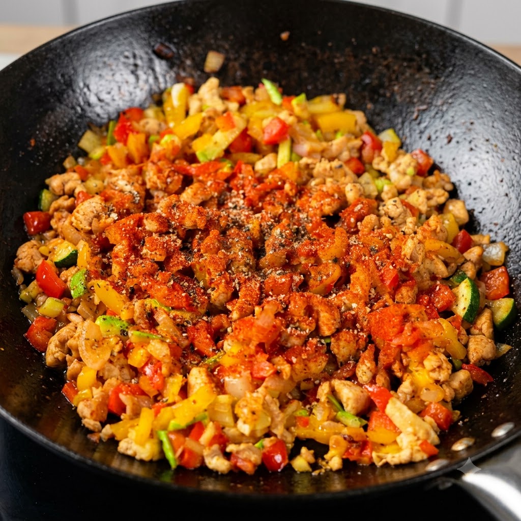 Du sel de mer et du poivre noir saupoudrés sur le mélange de poulet et de légumes sautés.