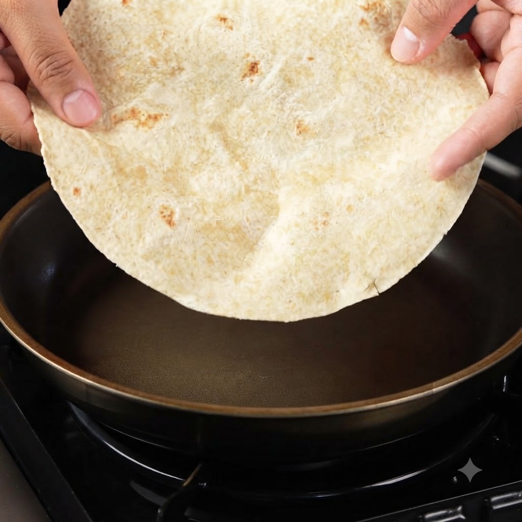 Une tortilla complète tenue au-dessus et placée dans une poêle antiadhésive sèche.