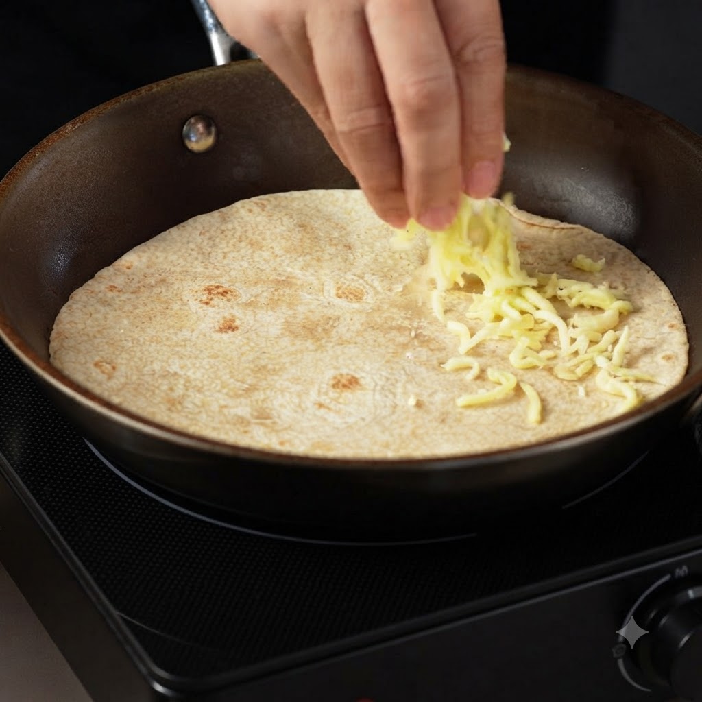 Du fromage mozzarella râpé dispersé sur une moitié de la tortilla dans une poêle.