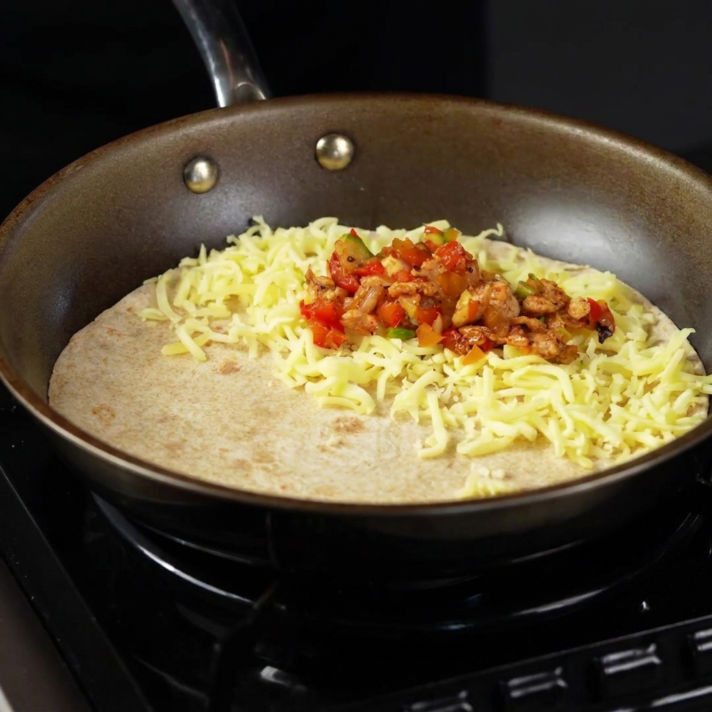 De la garniture de poulet et de légumes cuits déposée à la cuillère sur la couche de fromage râpé de la tortilla.