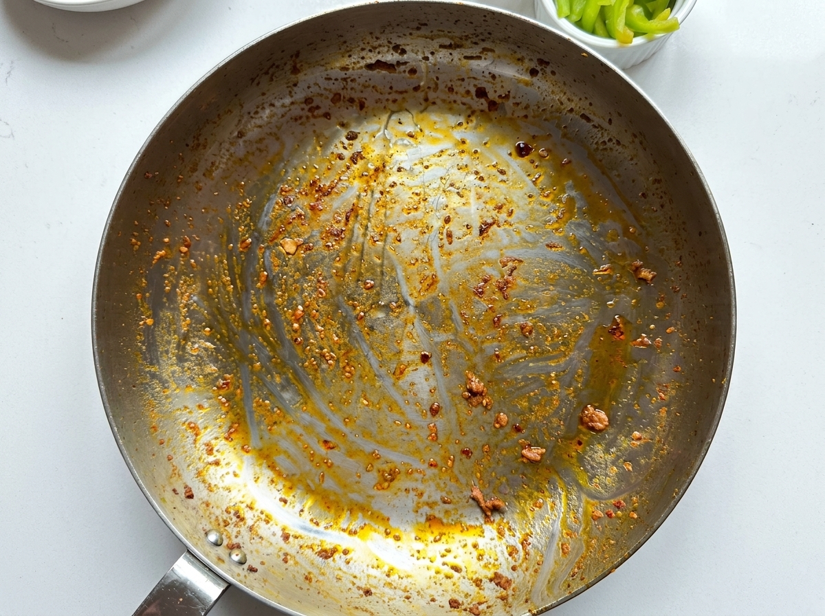 Une poêle vide montrant les sucs de cuisson brunis et lassaisonnement liquide répartis sur le fond.