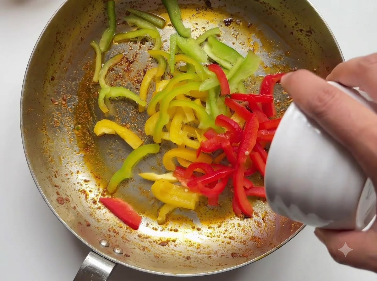 Des lanières de poivrons rouges et verts ainsi que des oignons rouges versés dans la poêle depuis un petit bol.