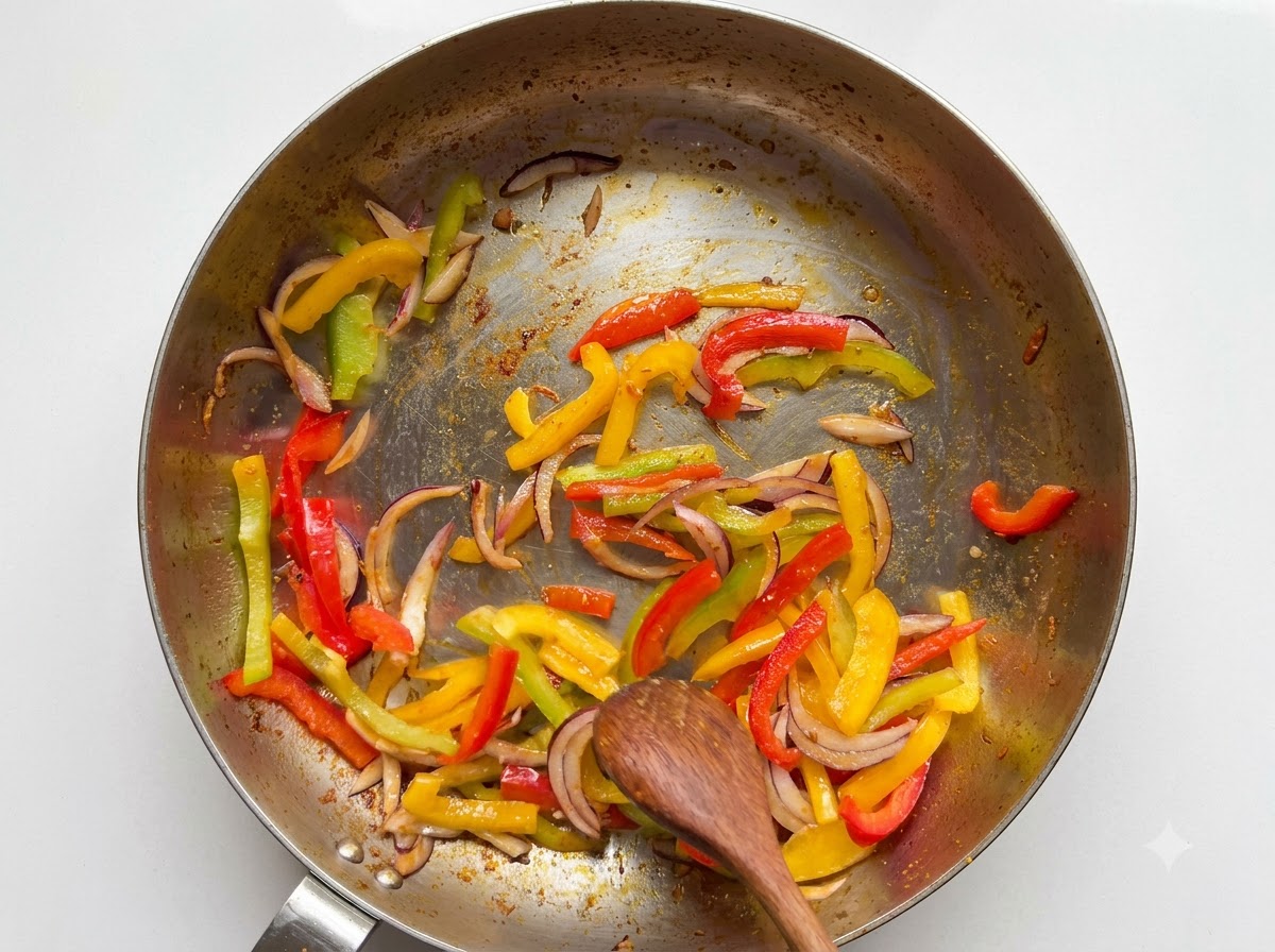 Des morceaux de beurre qui fondent dans une poêle contenant les restes de légumes sautés et les sucs de cuisson épicés.