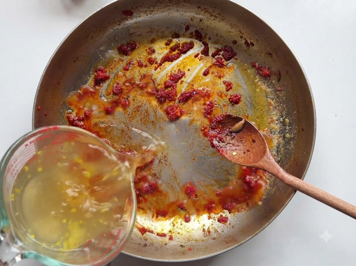 Du bouillon de poulet versé dune tasse à mesurer dans une poêle avec le concentré de tomate et les épices tout en étant remué avec une cuillère en bois.