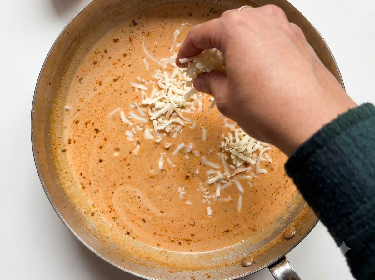 Une sauce crémeuse orange qui mijote dans une poêle en métal avec de fines bulles à la surface.