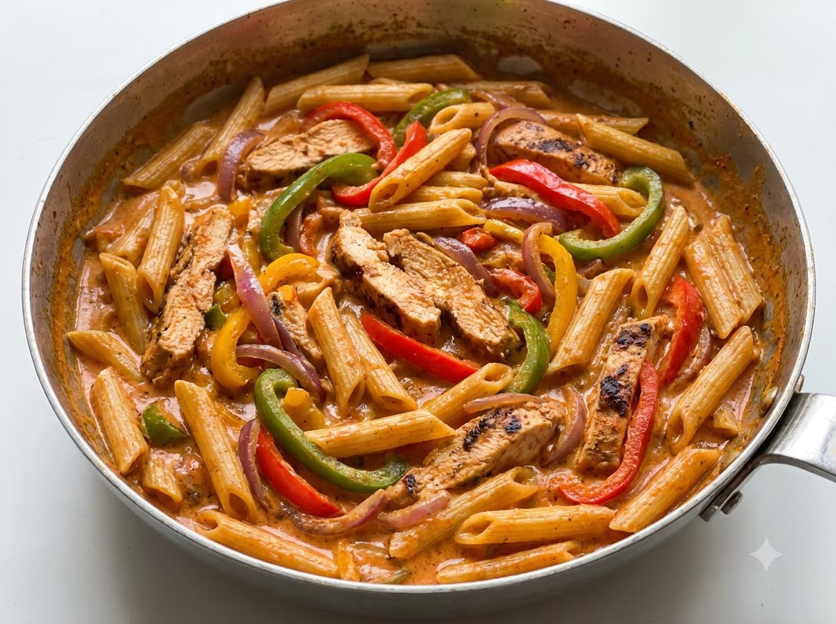 Des penne cuites mélangées à des poivrons sautés, des oignons et du poulet tranché dans une sauce crémeuse à lintérieur dune poêle.