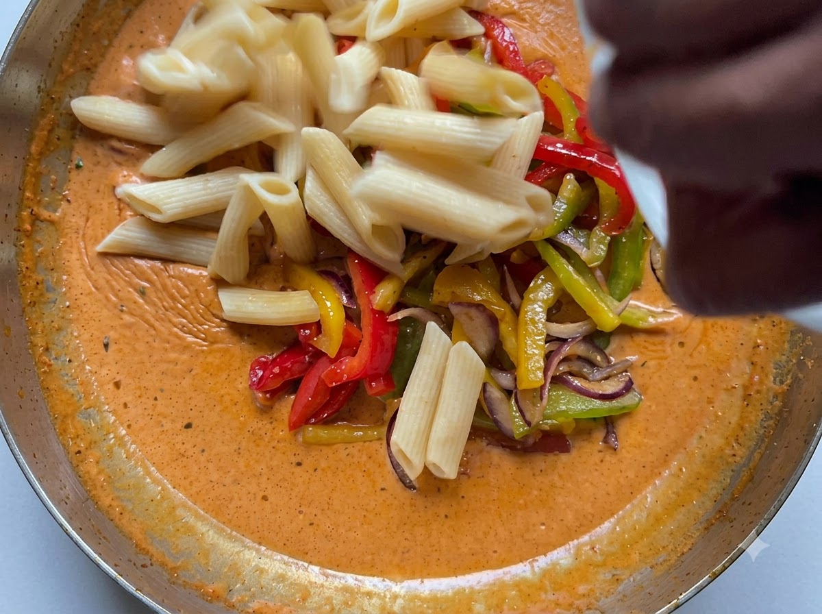 Des penne cuites versées dun récipient dans une poêle remplie de sauce crémeuse orange et de légumes tranchés.
