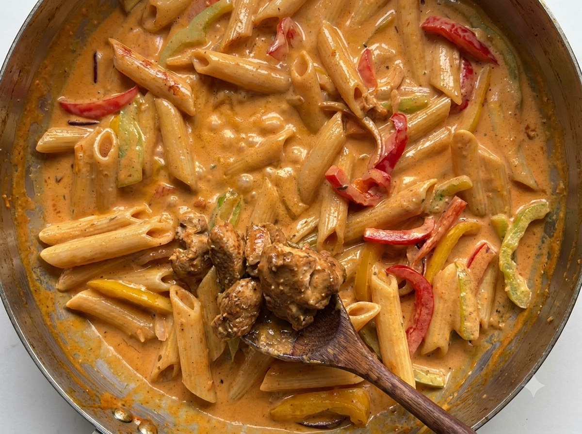 Des morceaux de poulet cuits ramassés sur une cuillère en bois et rajoutés dans une poêle de pâtes crémeuses et de légumes.