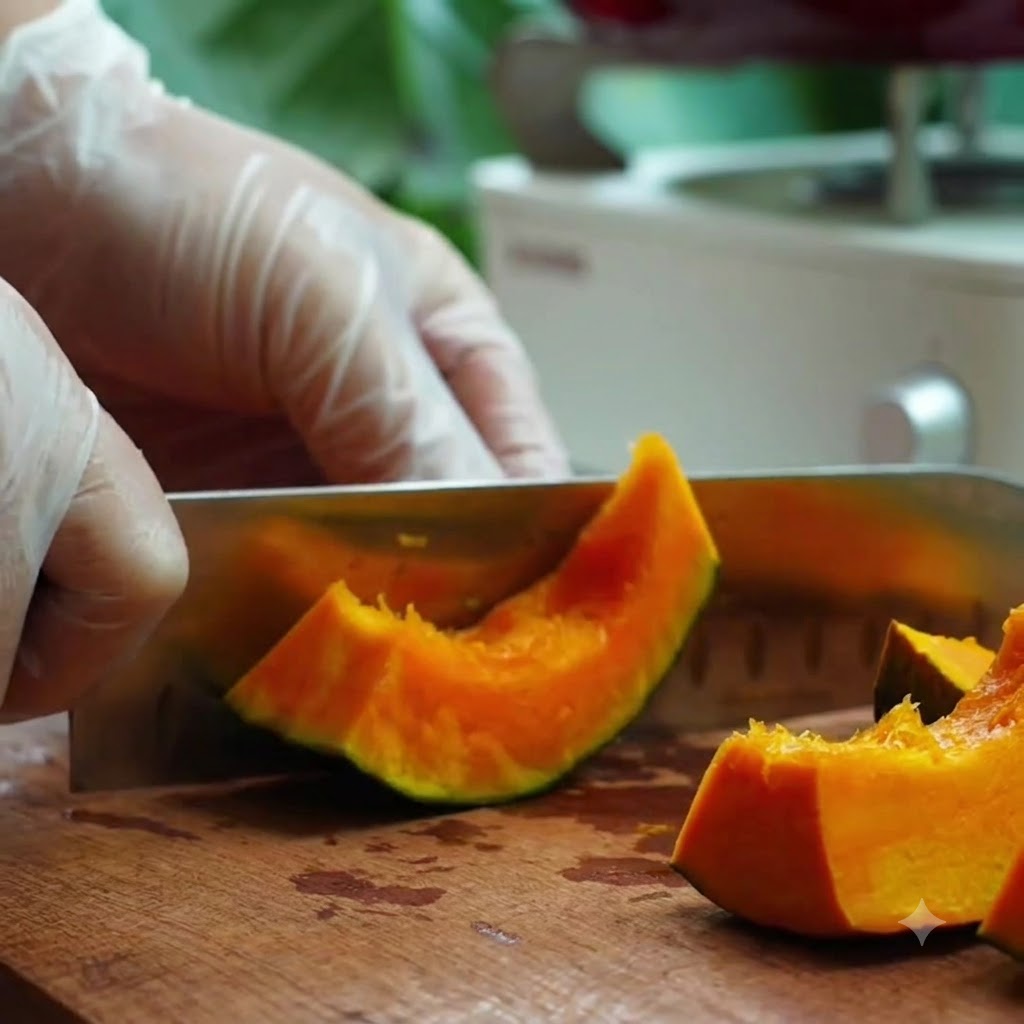Un couteau coupant un morceau de courge orange sur une planche à découper en bois.