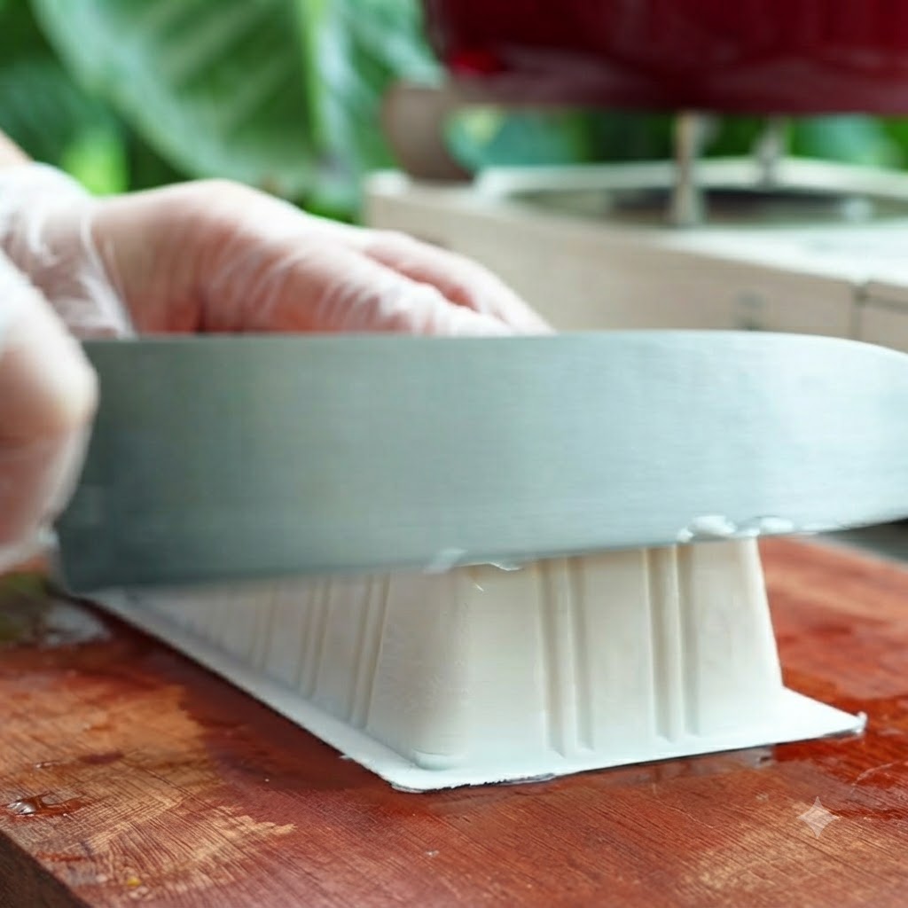 Un couteau bien aiguisé coupant un bloc de tofu blanc sur une planche en bois.