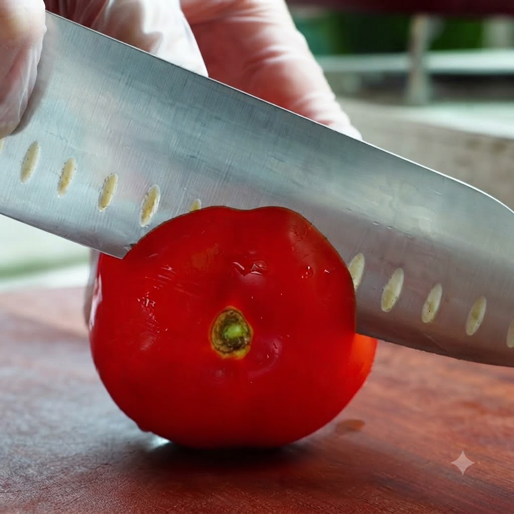 Un couteau de chef bien aiguisé coupant une tomate rouge fraîche sur une planche en bois.