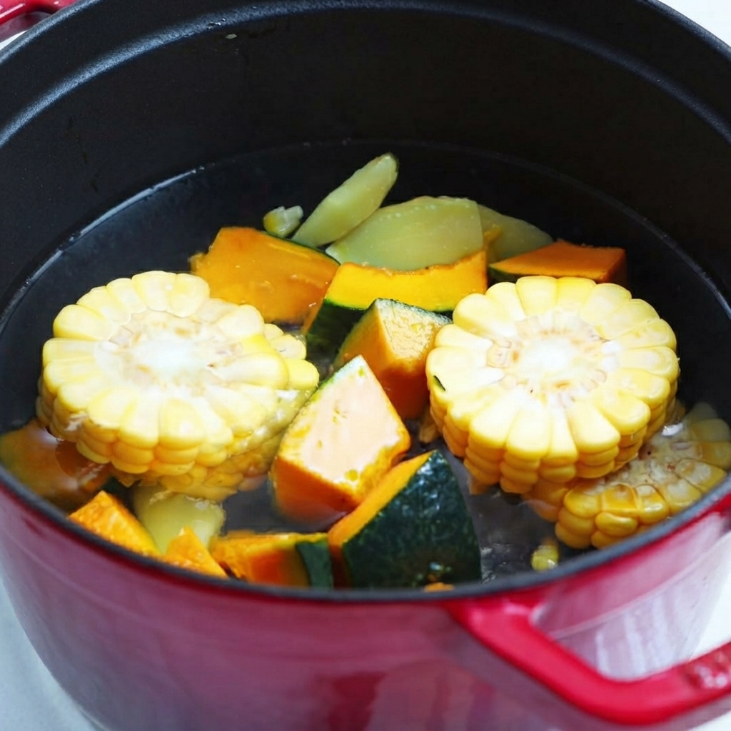 De leau versée dans la marmite rouge remplie de morceaux de courge et de maïs.