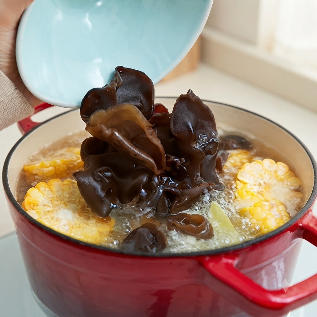 Des champignons noirs auricules versés dun bol bleu clair dans une marmite de bouillon de légumes bouillant.