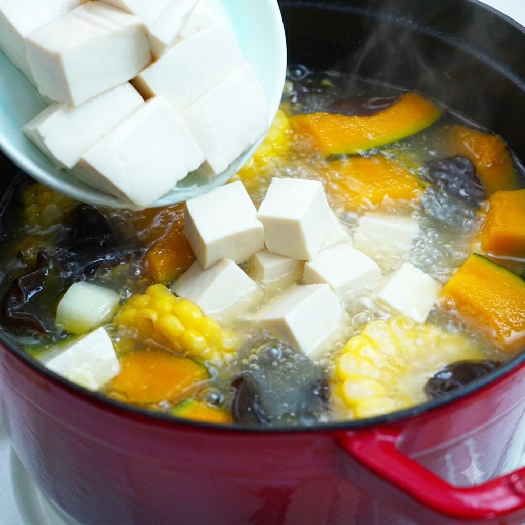 Des morceaux de tofu blanc tranchés versés dun bol dans la marmite de légumes simering.