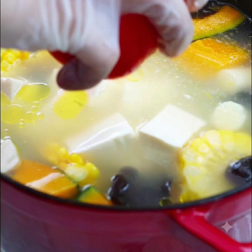 Une tomate rouge entière ajoutée au centre dune marmite de soupe de légumes bouillante.