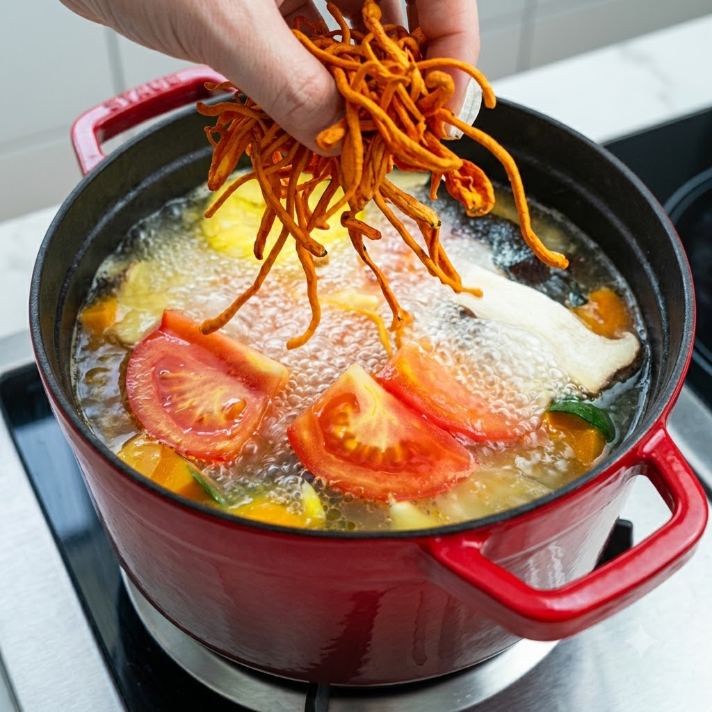 Des champignons cordyceps militaris orange vif jetés dans la soupe de légumes bouillante.