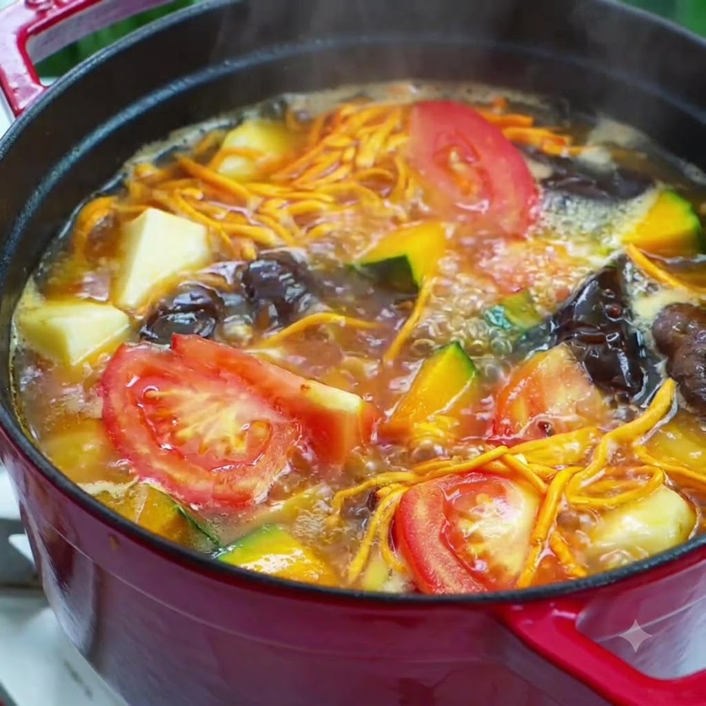 Gros plan dassaisonnement saupoudré dans une marmite bouillante vibrante de soupe végétarienne.