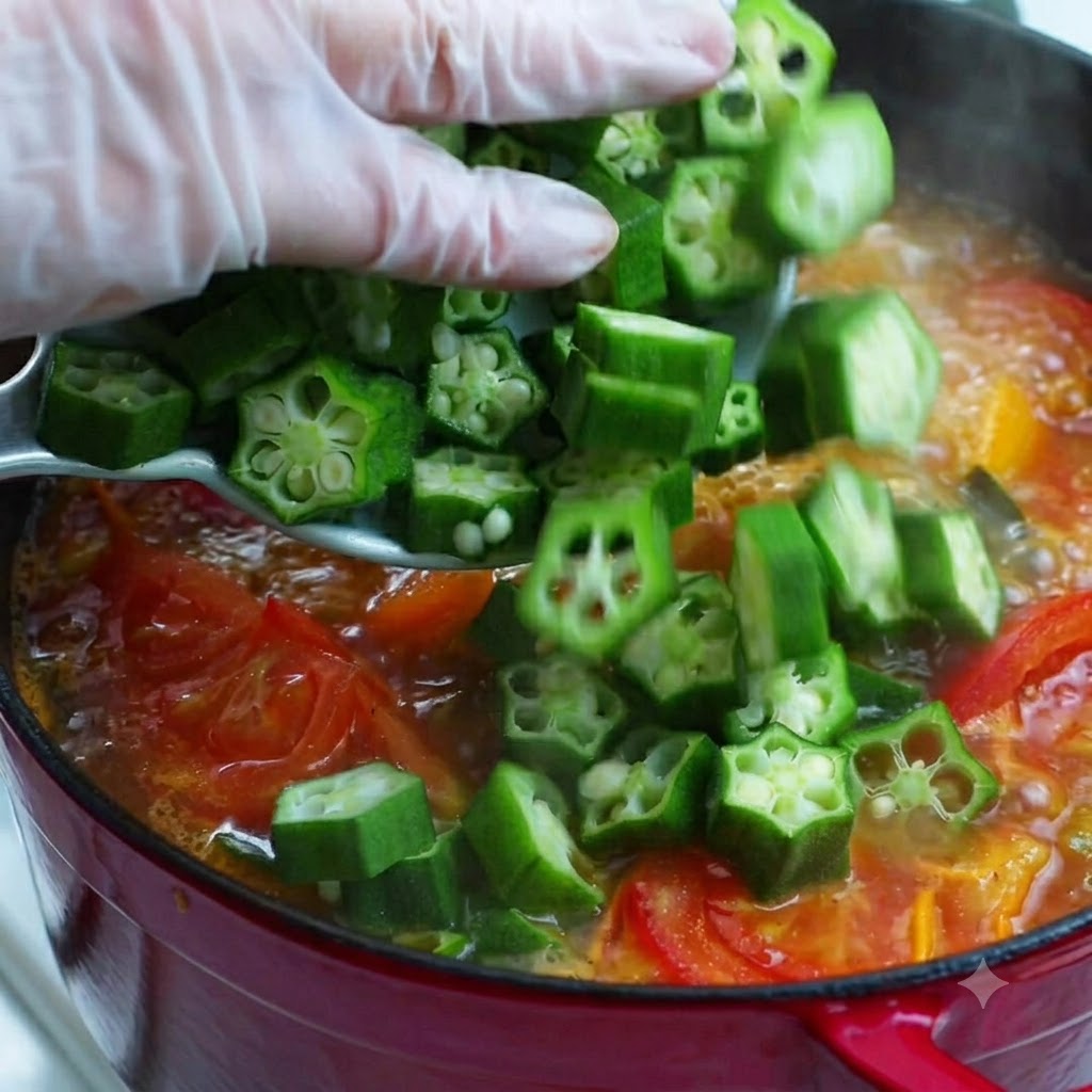 Des mains gantées ajoutant du gombo vert fraîchement tranché dans une marmite de soupe bouillante vibrante avec des tomates.