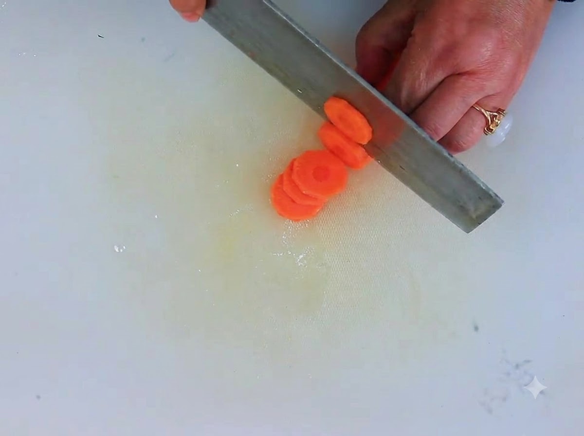 Une carotte épluchée et tranchée en rondelles nettes sur une planche à découper blanche.