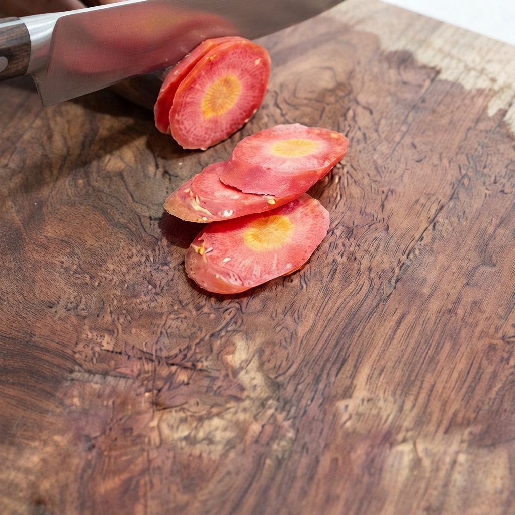 Un couteau coupant une carotte en rondelles sur une planche à découper en bois.