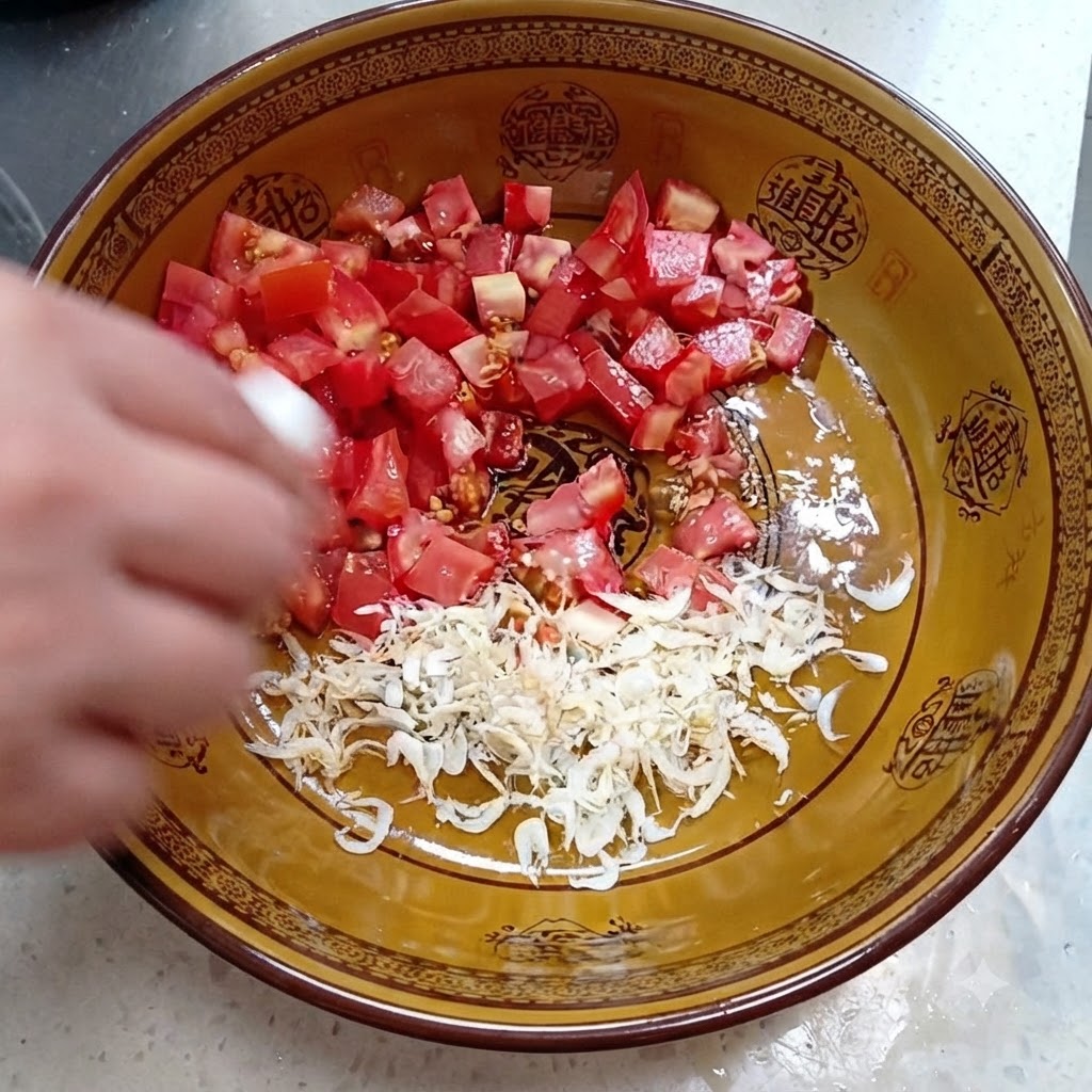 Tomates en dés et crevettes séchées dans un bol assaisonnées de sel et de sucre.