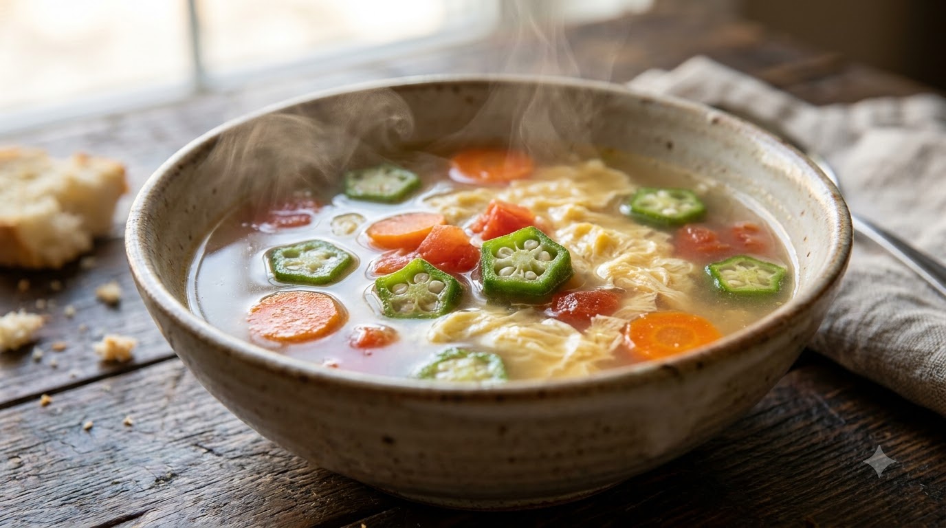 Soupe de gombos et tomates aux rubans d'œufs