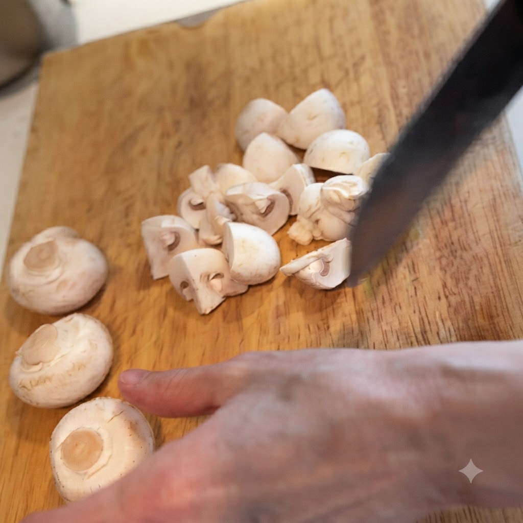 Tranches de lard coupées en morceaux plus petits avec un couteau bien affûté sur une planche à découper en bois.