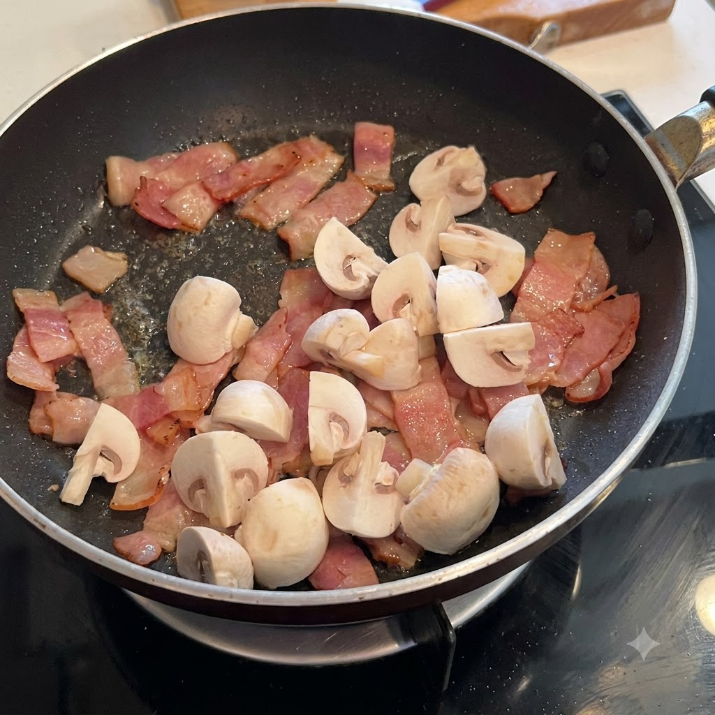 Morceaux de champignons de Paris mélangés au lard dans une poêle, assaisonnés de poivre noir et de sel.