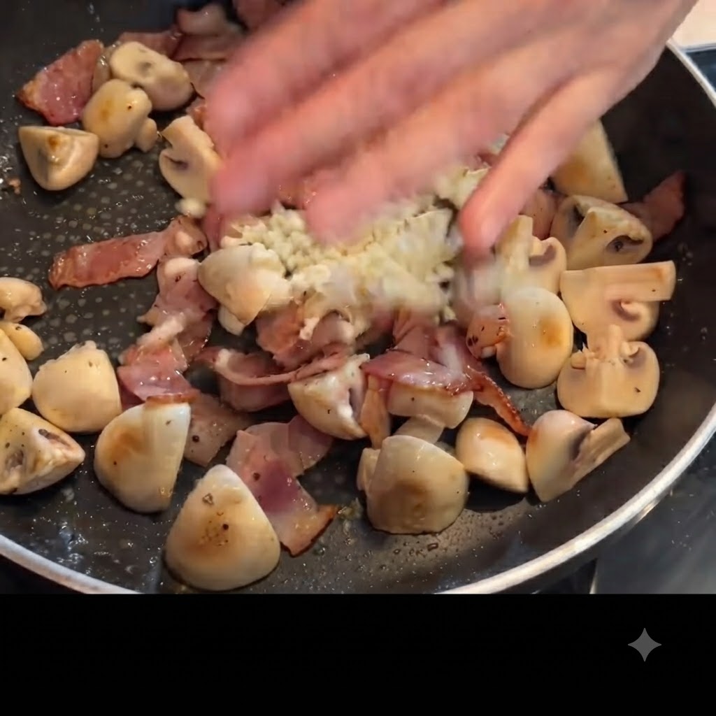 Ail frais émincé ajouté au mélange de champignons et de lard dans la poêle.