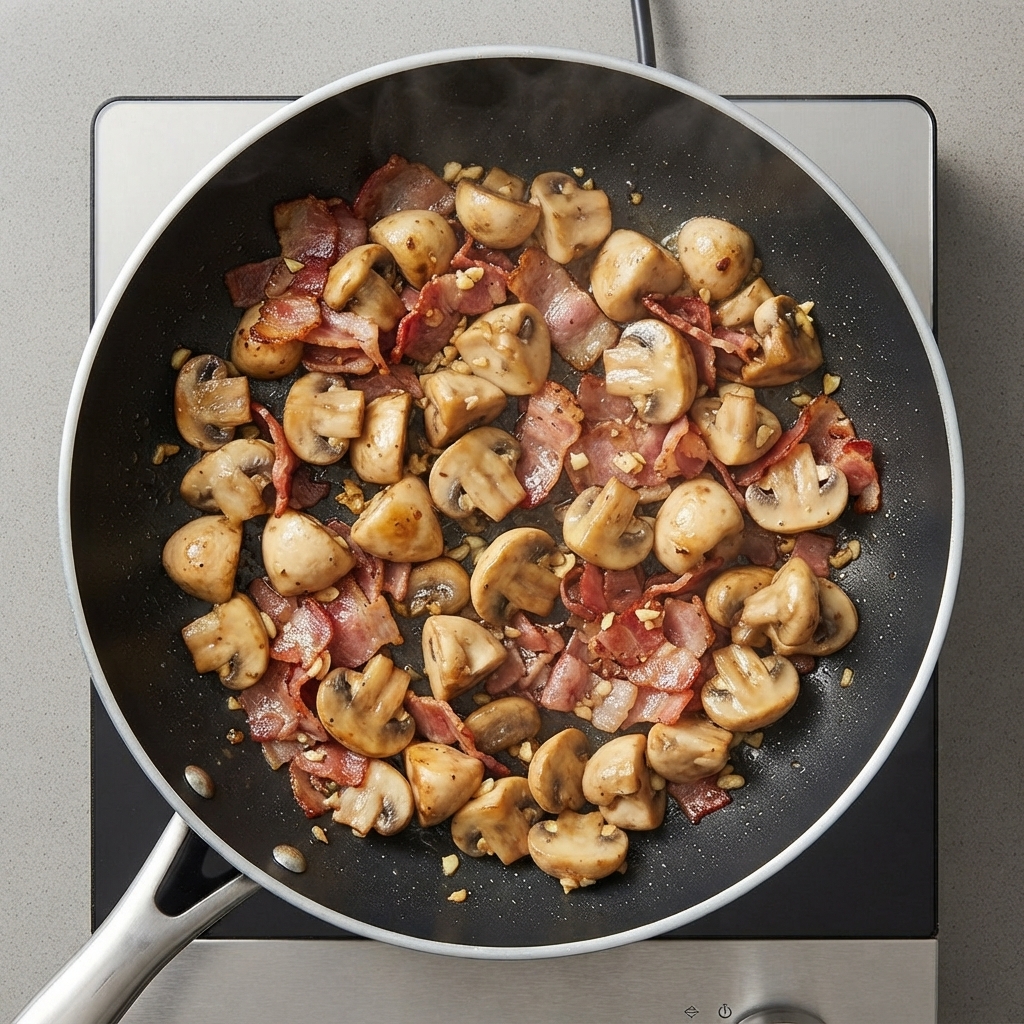 Crème entière riche et vin blanc versés sur les champignons sautés et le lard dans une poêle.