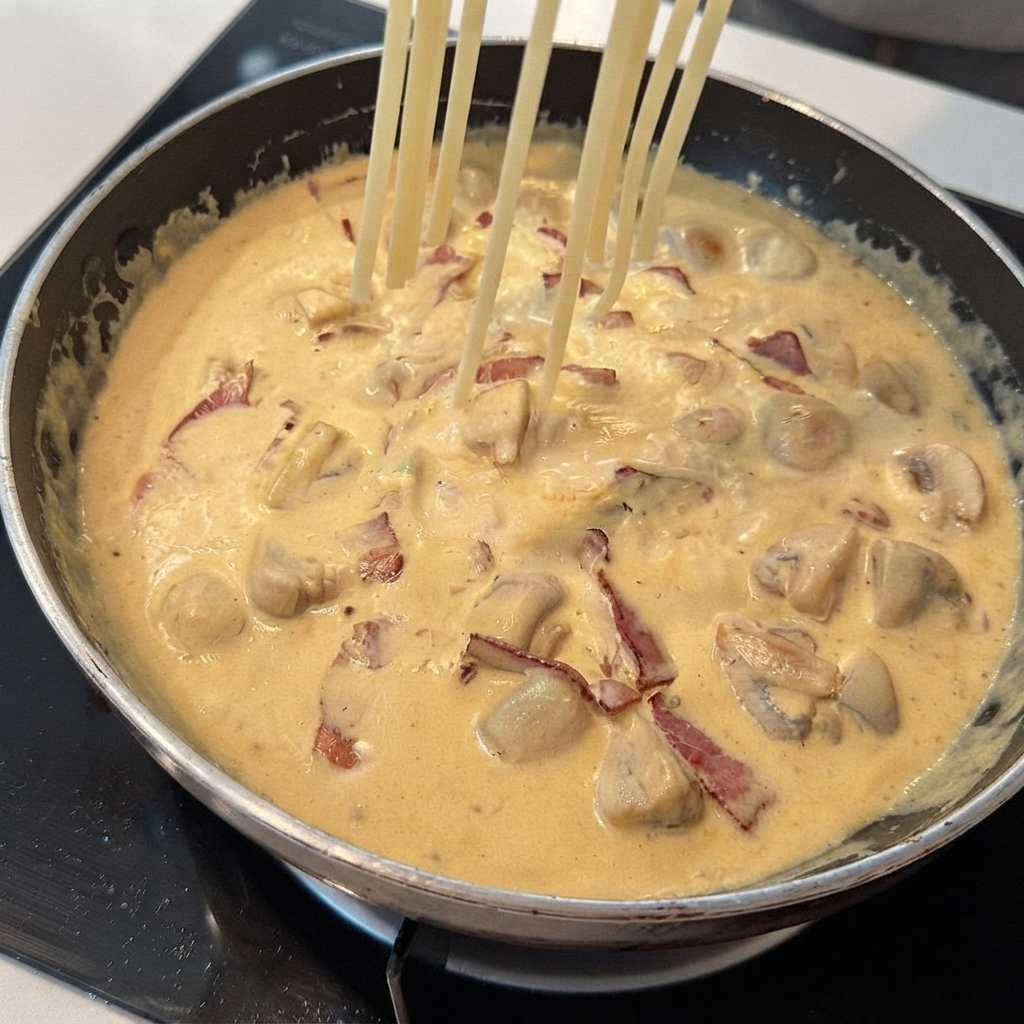 Spaghettis fraîchement cuits versés dans une poêle remplie de sauce crémeuse frémissante.