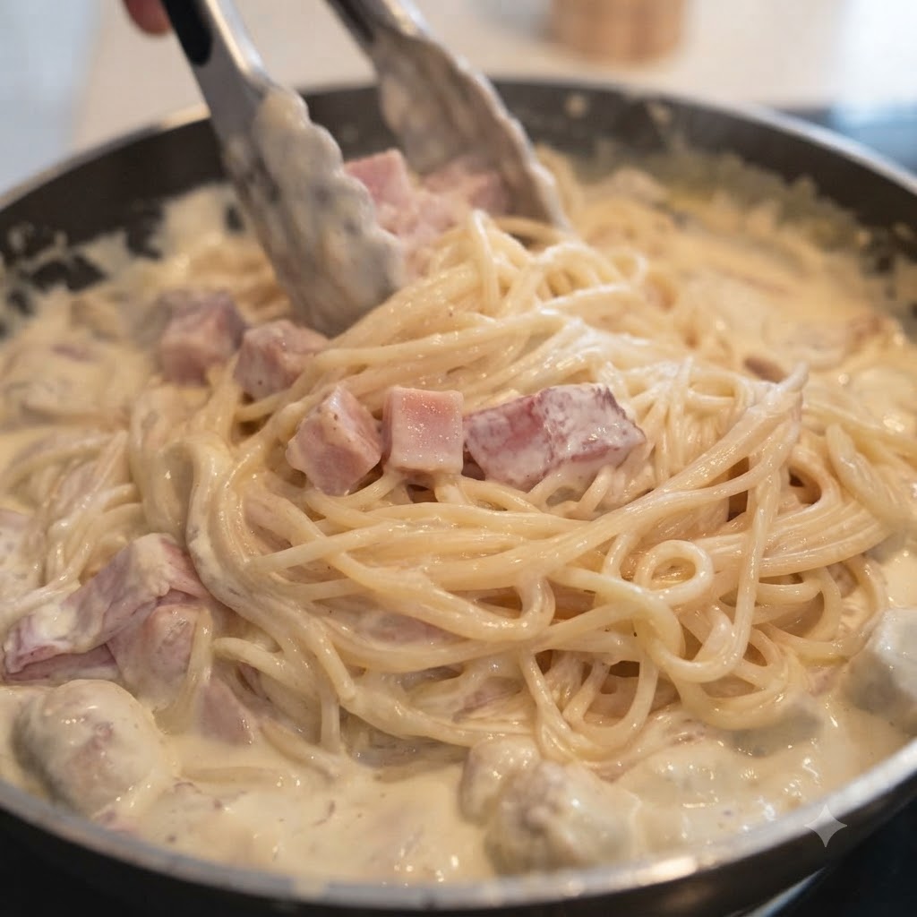Spaghettis et sauce crémeuse mélangés avec des pinces de cuisine dans une poêle.