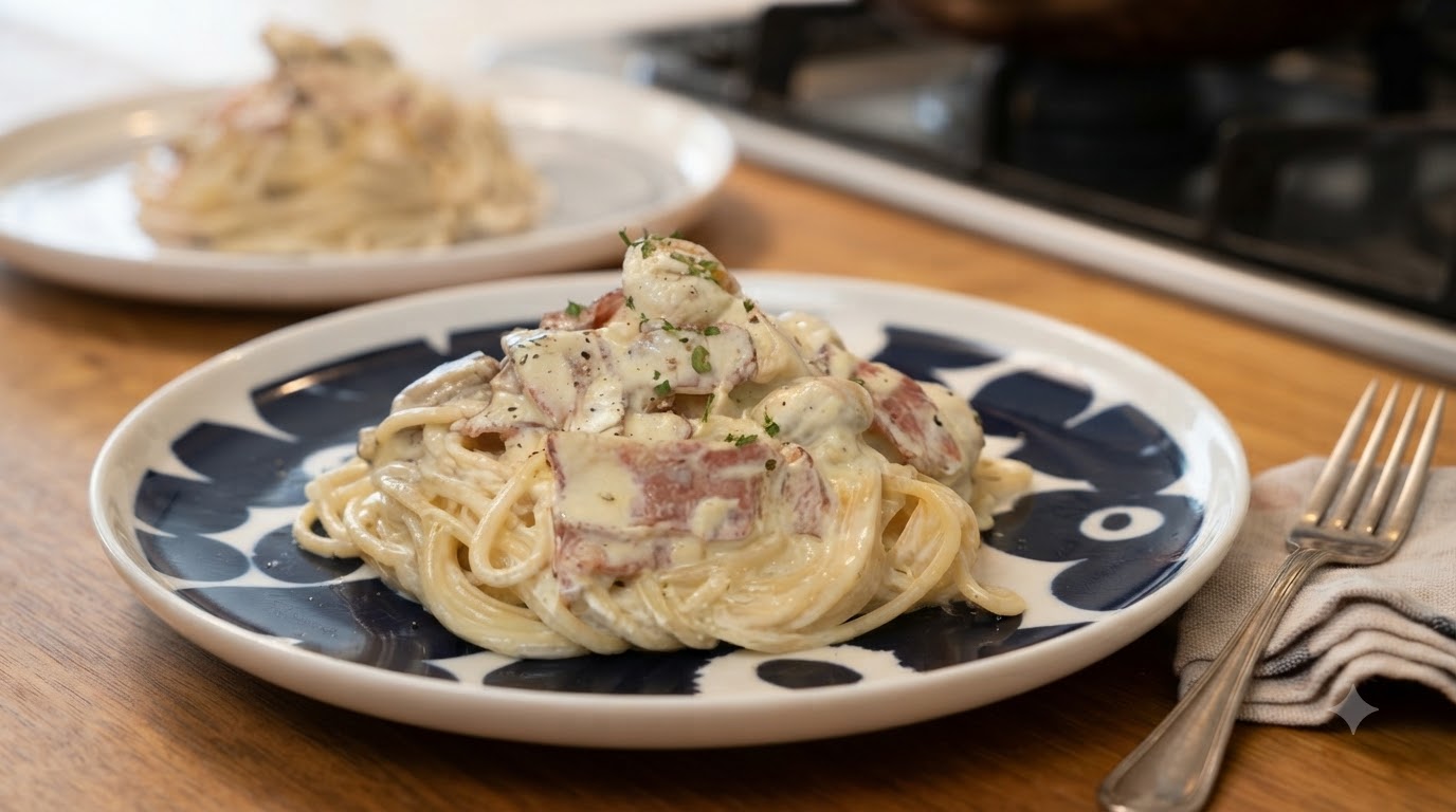 Pâtes crémeuses classiques au lard et aux champignons