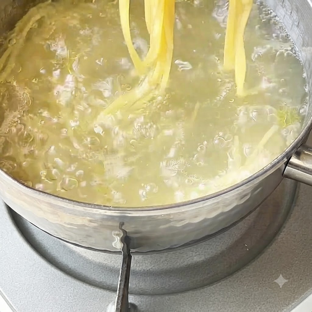 Des spaghetti cuits rincés à leau froide à laide de pinces de cuisine.