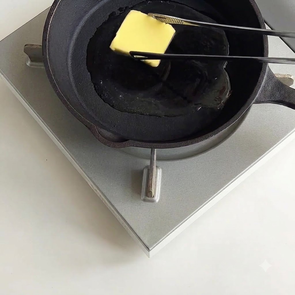 Du beurre fondant dans une poêle en fonte chaude.