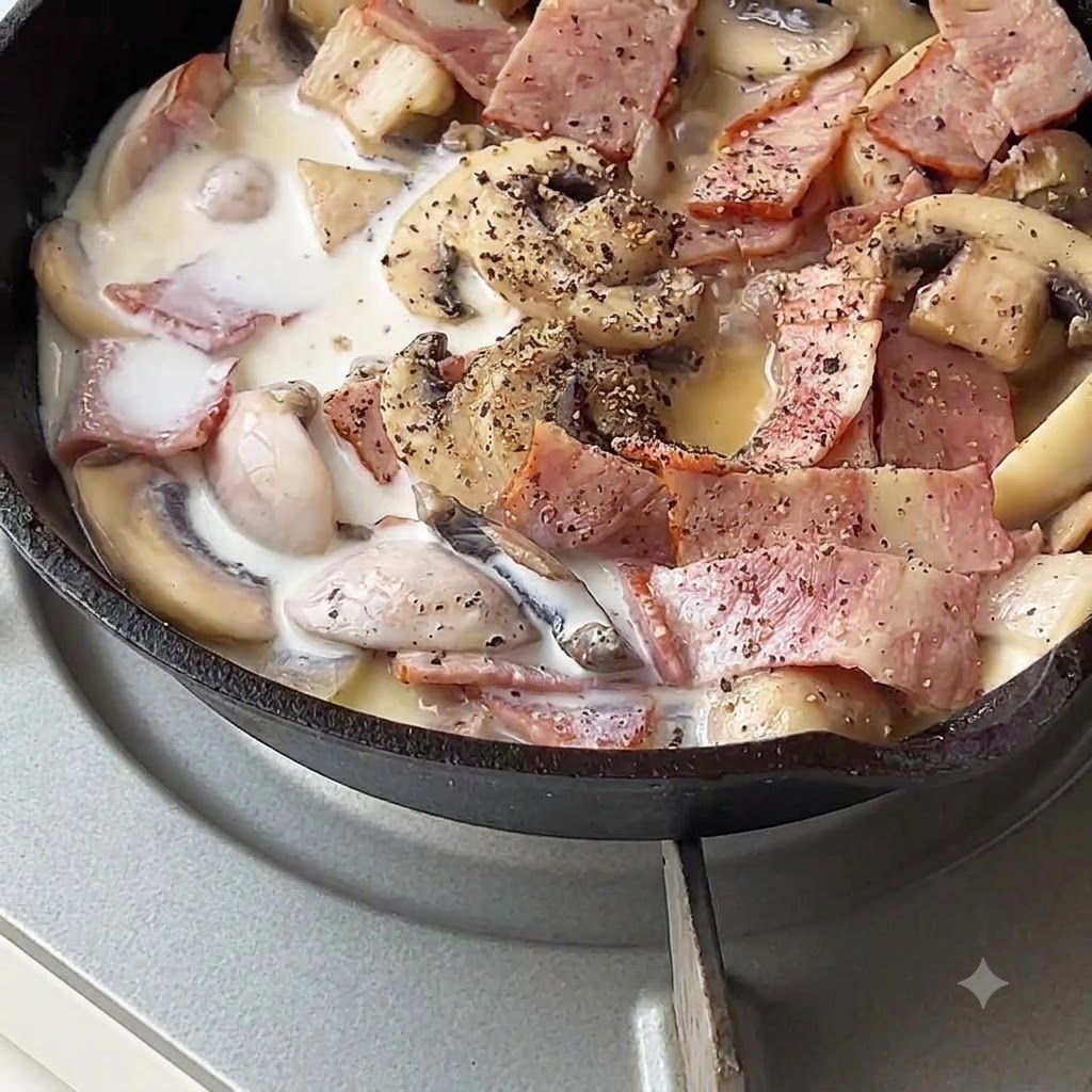 Du lait et de la crème versés dans une poêle avec du bacon et des champignons.