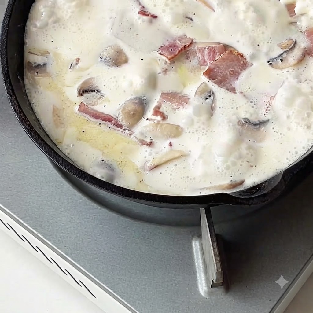 Des pâtes cuites ajoutées à une sauce blanche crémeuse frémissante dans une poêle.