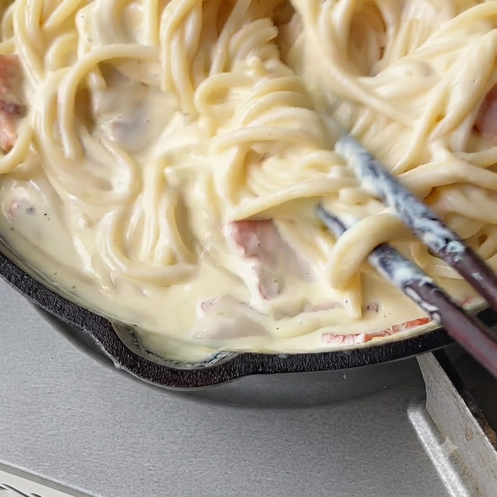 Des pâtes en train dêtre mélangées et enrobées dune sauce crémeuse à laide dustensiles de cuisine.