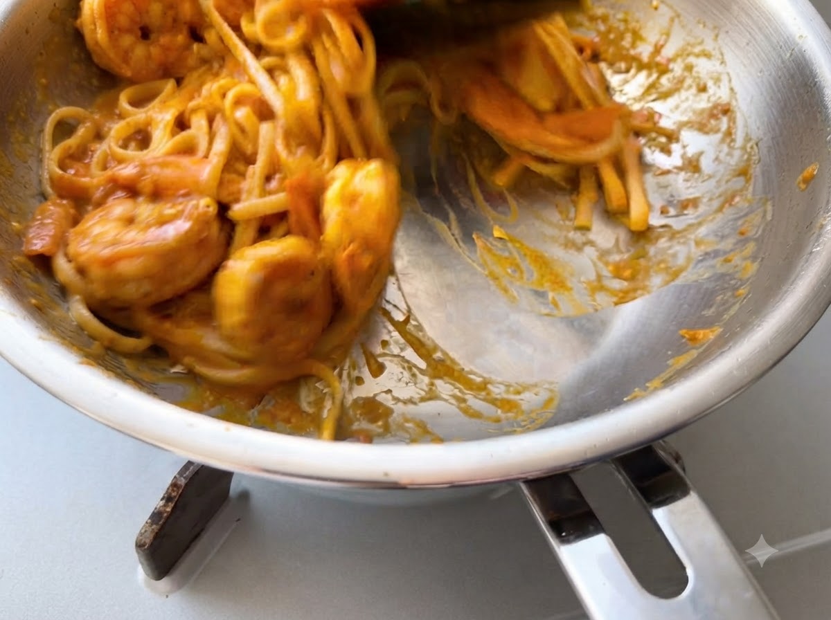 Des pâtes cuites mélangées et enrobées dune sauce tomate épaisse dans une grande poêle.