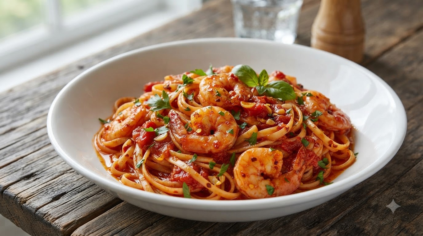 Pâtes aux crevettes, sauce tomate à l'ail et au piment