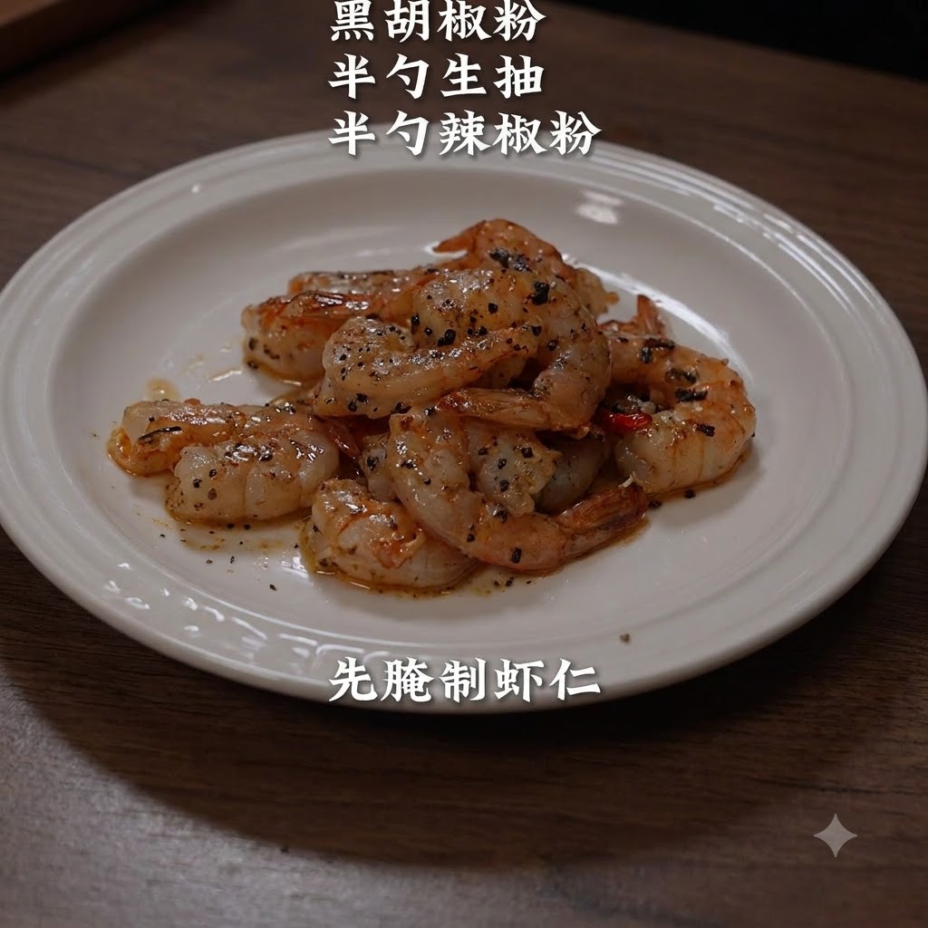 Une vue rapprochée de crevettes assaisonnées sur une assiette blanche mélangées avec du poivre noir et des épices.