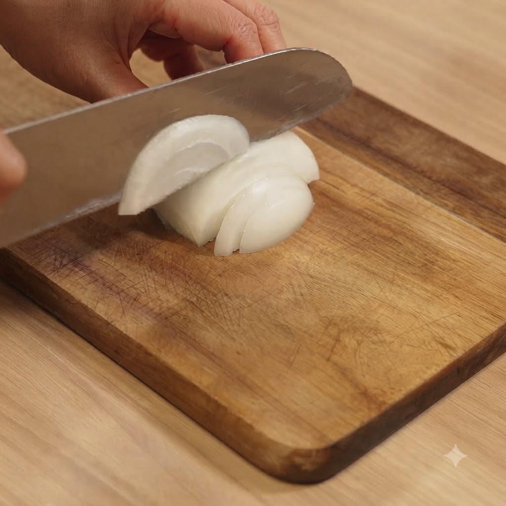Un oignon en cours de découpe en tranches avec un couteau de cuisine tranchant sur une planche en bois.