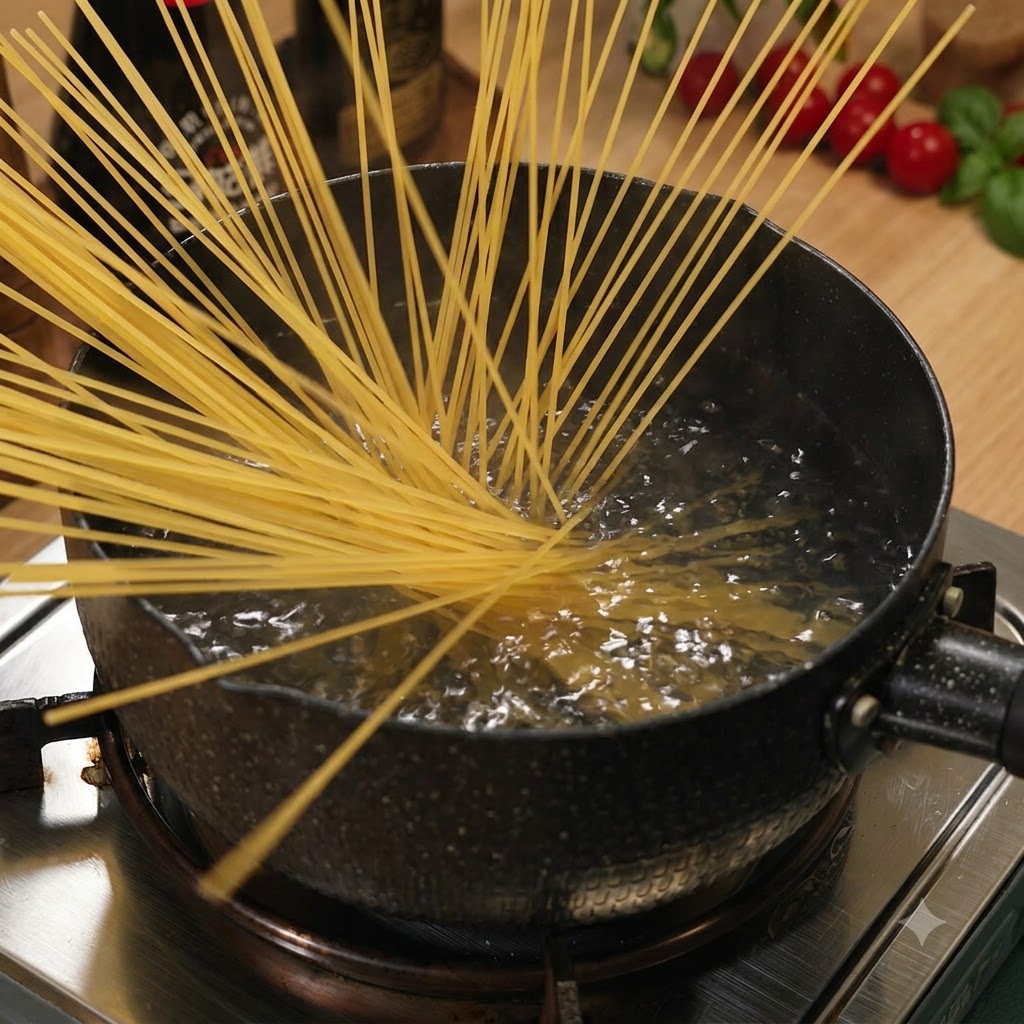 Des nouilles de spaghettis en train de cuire et de ramollir à lintérieur dune casserole deau bouillante sur une cuisinière.