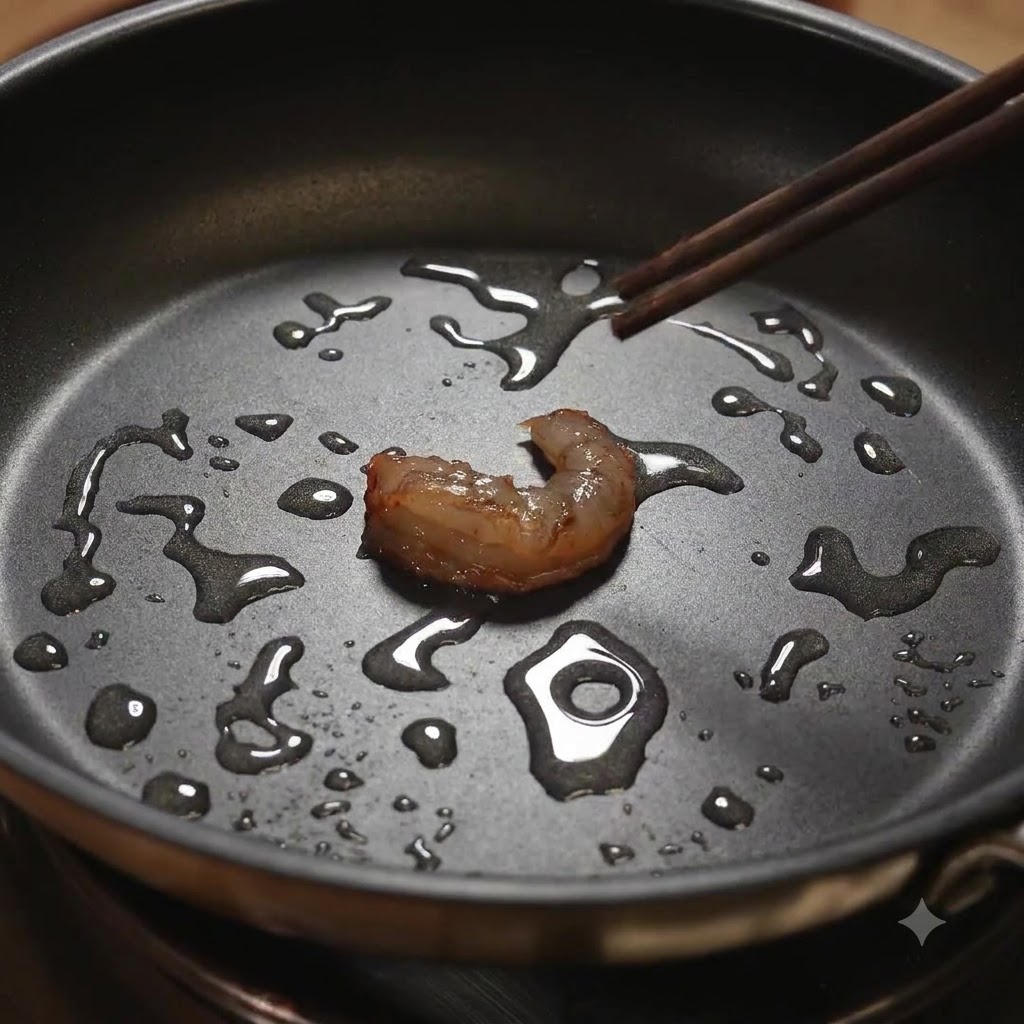 Un seul morceau de crevette retourné avec des baguettes dans une poêle huilée.
